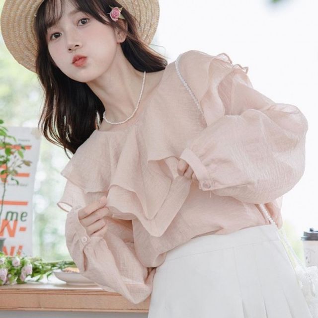 퓨어 이중 레이디 기본 프릴 데이 에어 긴팔 블라우스