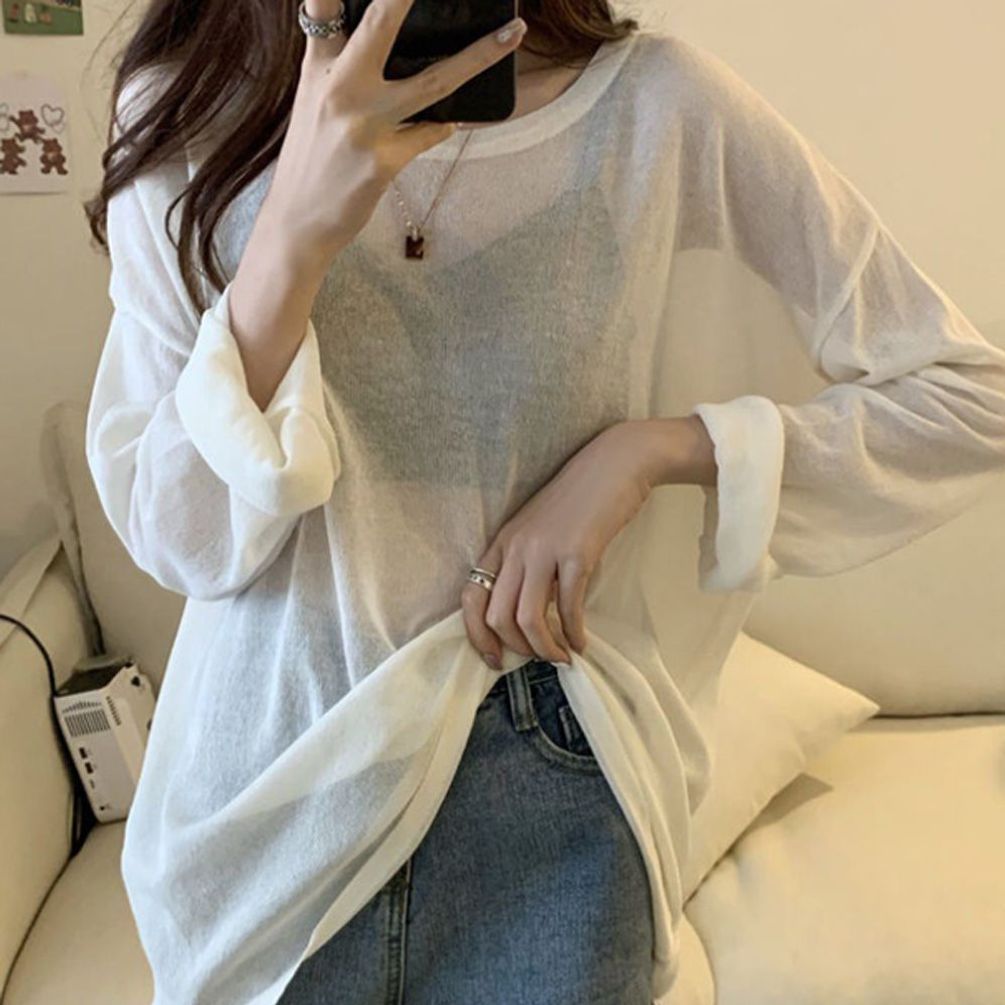라운드 시스루티셔츠 시스루티 여름긴팔 시스루탑