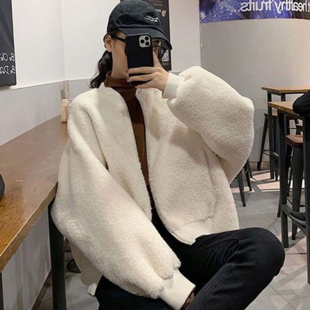 귀여운 데일리 여성 오버핏 브이넥 플리스 점퍼 자켓