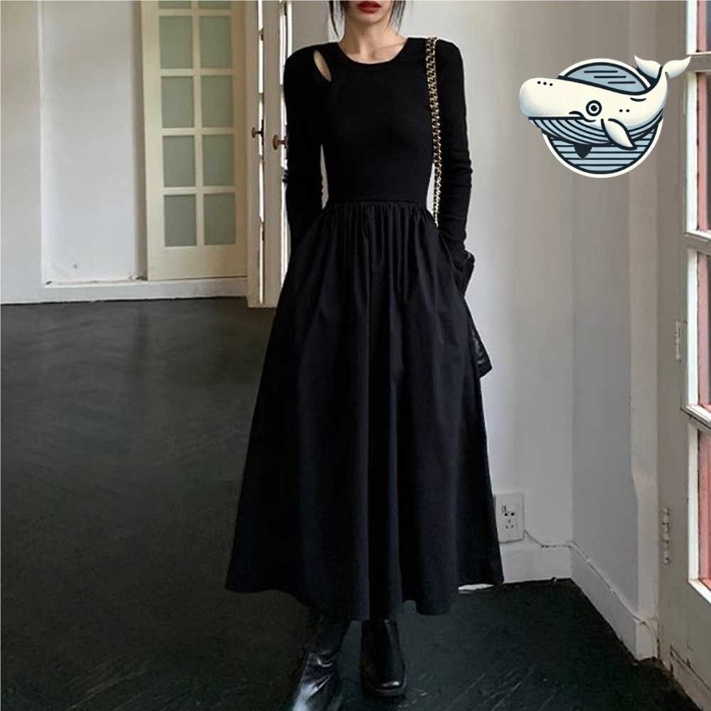 스타일리쉬 A라인 블랙 롱원피스 캐주얼 봄가을