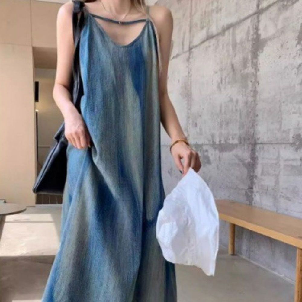 투톤 블루 스트랩 끈나시 롱원피스 여성 여름 휴가룩