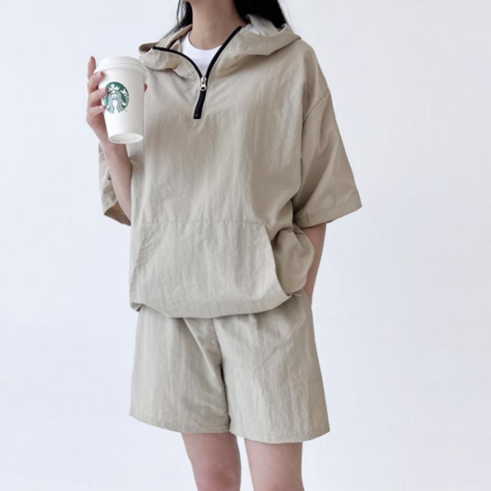 여성 여름 간절기 데일리 캐주얼 후드 아노락 셋업 세
