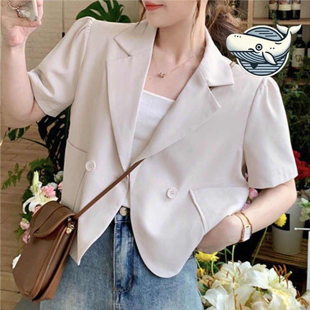 여성 세련된 여름 반팔 크롭 자켓 원버튼 카라
