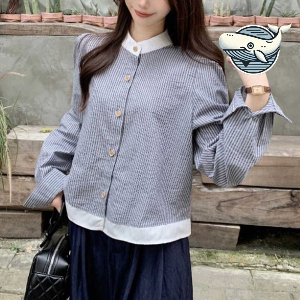스트라이프 배색 카라넥 긴팔 블라우스 세련된