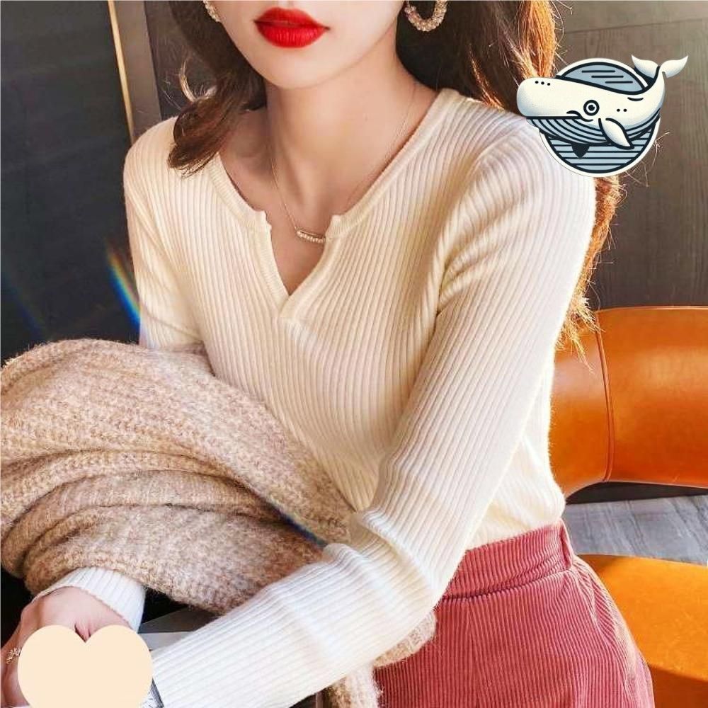 여성용 부드러운 골지 긴팔 브이넥 티셔츠