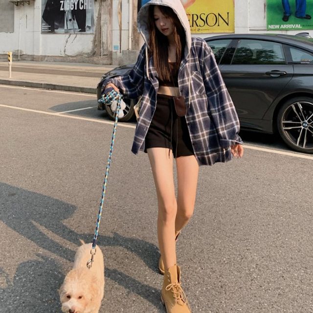 클레식 빈티지 여성 루즈핏 배색후드 체크셔츠