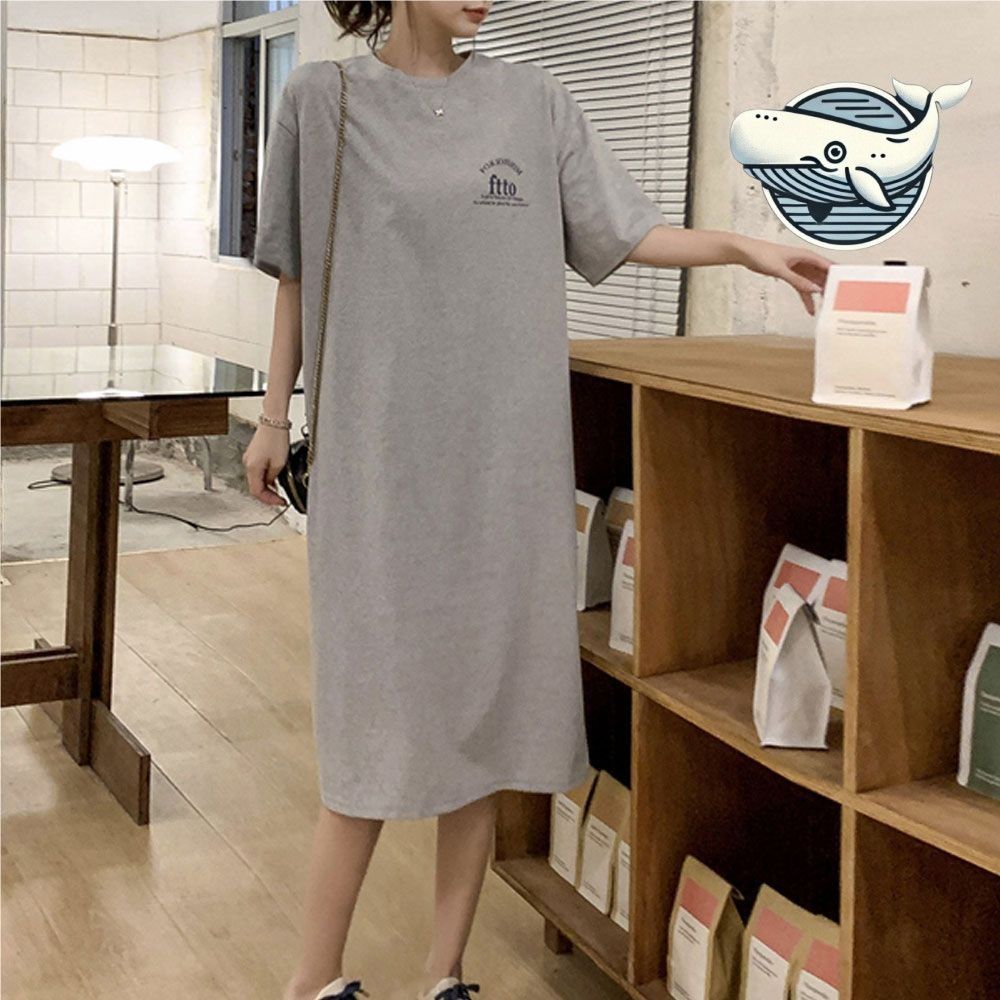 편안한 오버핏 영문 프린팅 미니멀 트임 원피스
