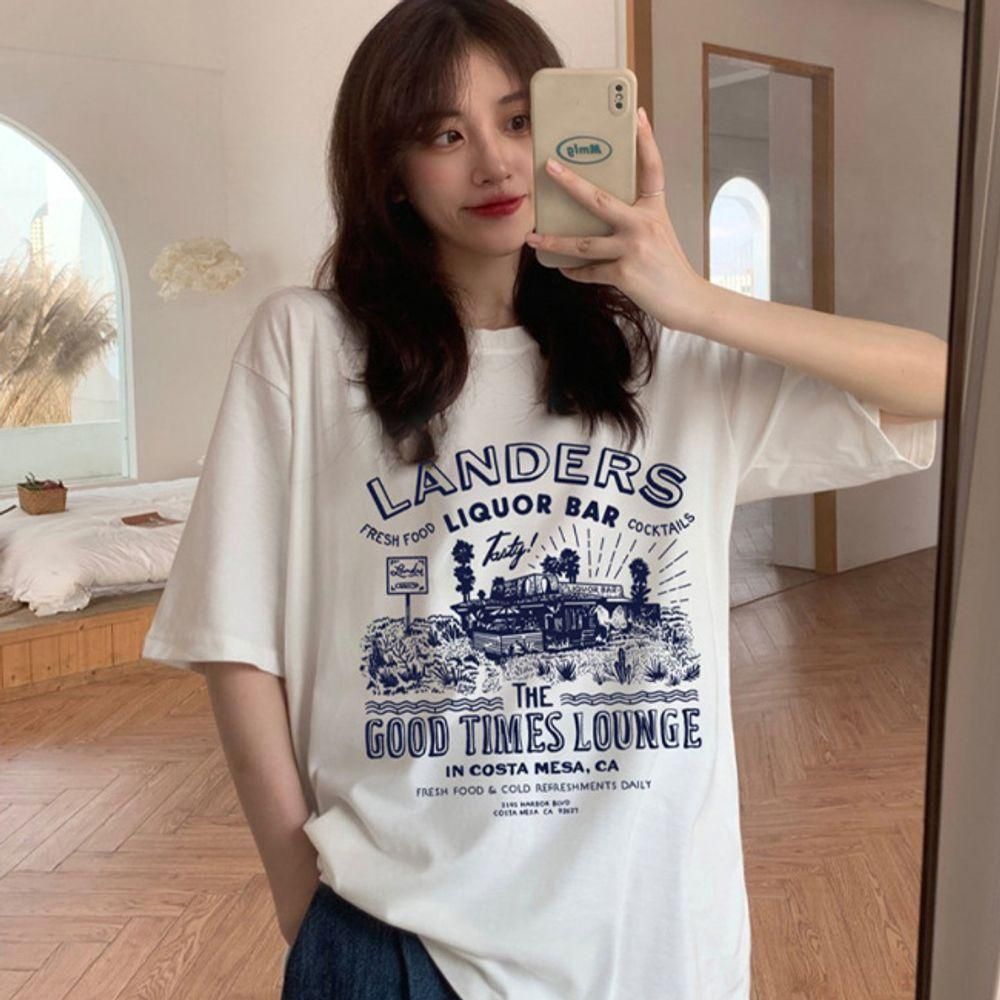 여성 여름 루즈핏 반팔티 1P 프린팅 데일리 티셔츠