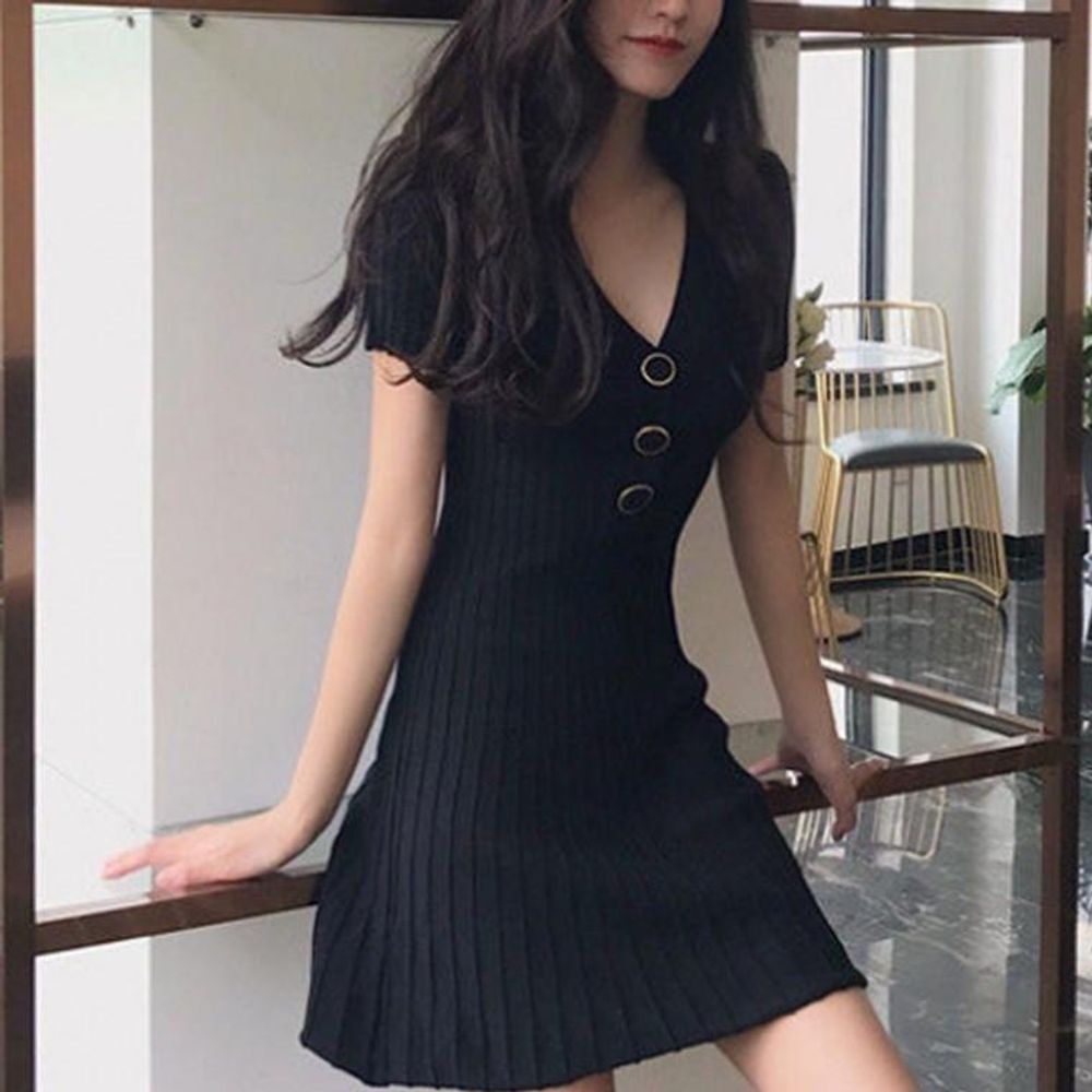 스판 브이넥 화이트 결혼식 골지롱 블랙 원피스 홈드