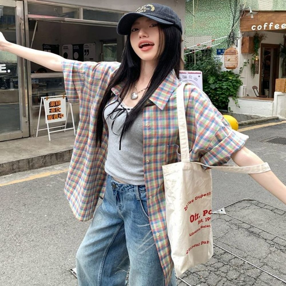 여성 오버핏 체크패턴 박시 반팔 포켓셔츠 포켓남방
