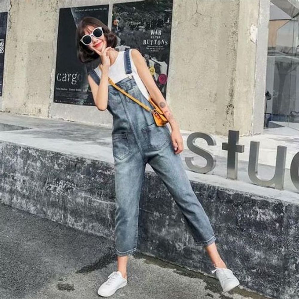멜빵 팬츠 청점프수트 점프수트 바지 데님점프수