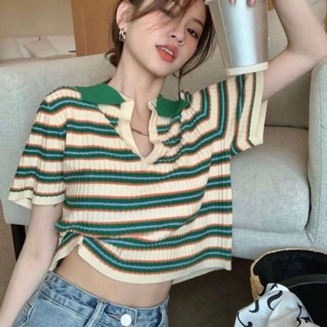 여자 스트라이프 캐주얼 기본 카라 데이 크롭 스타일