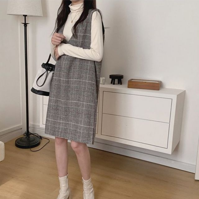 체크 민소매 나시 기본 H라인 데이 원피스