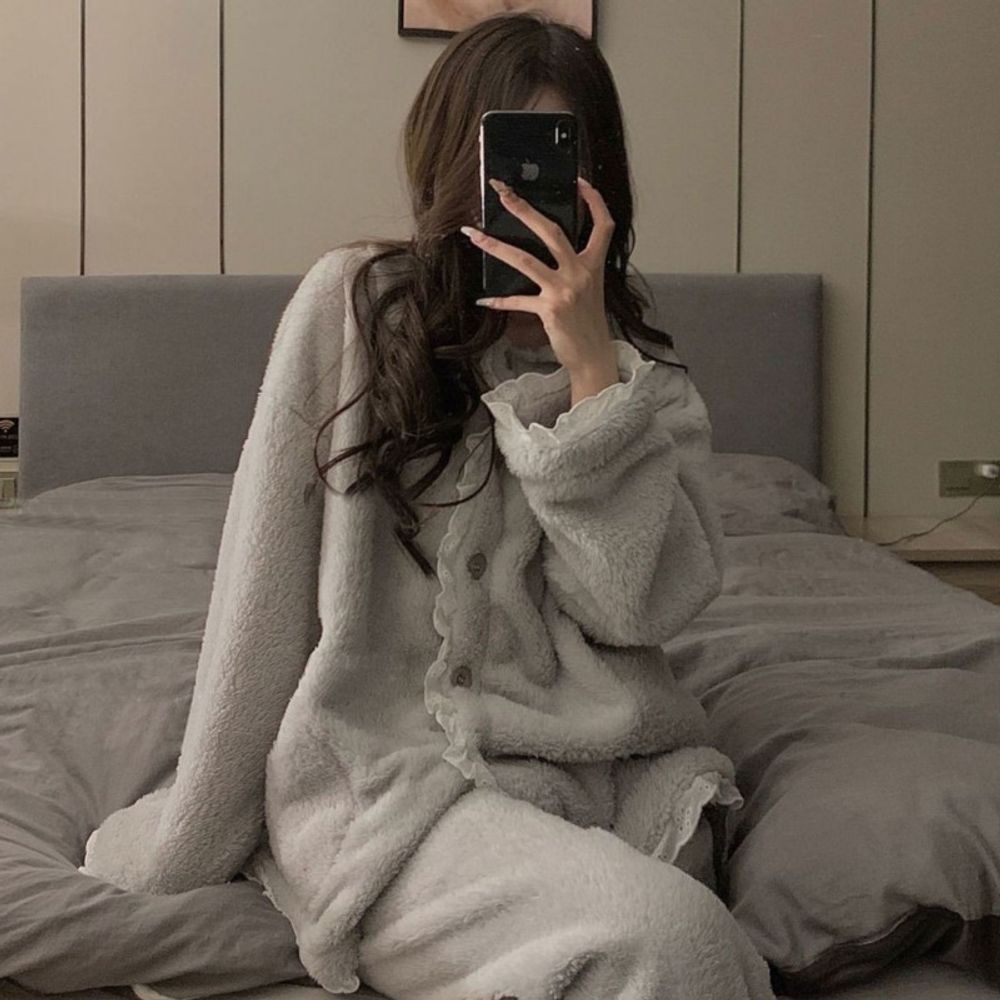 부드러운 극세사 잠옷 투피스 여성 홈웨어
