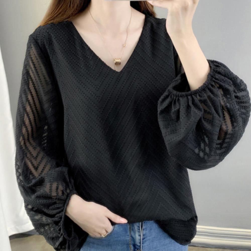 긴팔 블라우스 여성 봄 여름 루즈핏 브이넥 블랙