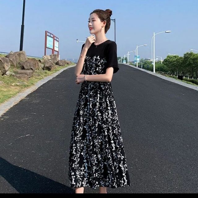 여성플라워원피스 패턴의 반팔원피스 기본 반팔롱원피