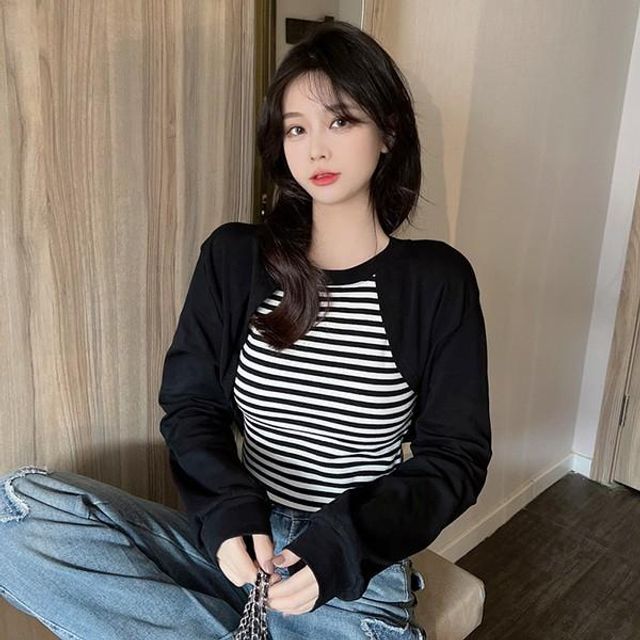 볼레로 크롭 티셔츠 나시 단가라 여자 티 긴팔 일체형