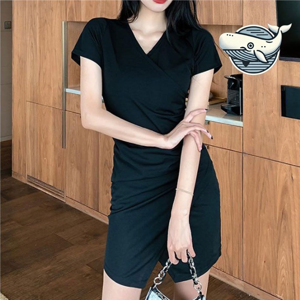 브이넥 블랙 미니 원피스 여름 하객 데이트룩