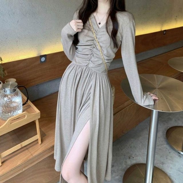 브이넥 원피스 셔링 기본 랩스커트 데이 허리밴딩 A라