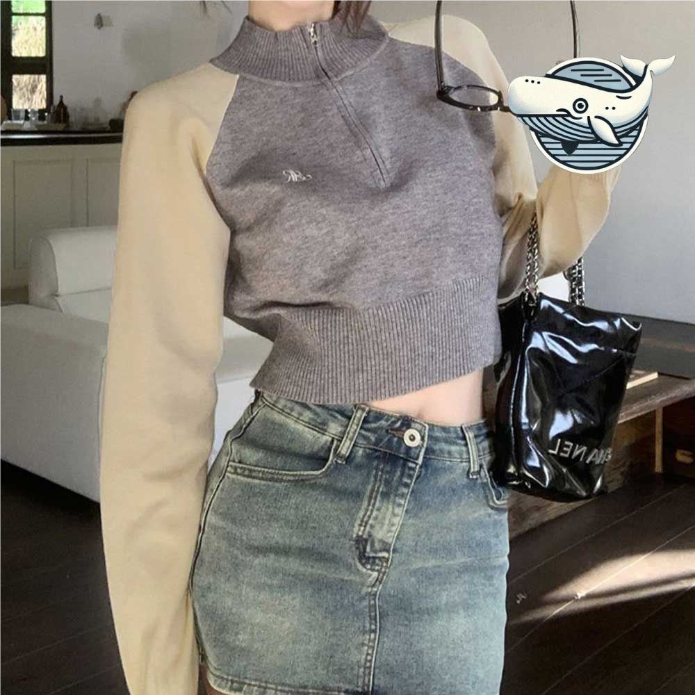 트렌디 배색 크롭 티셔츠 하이넥 디자인 반집업