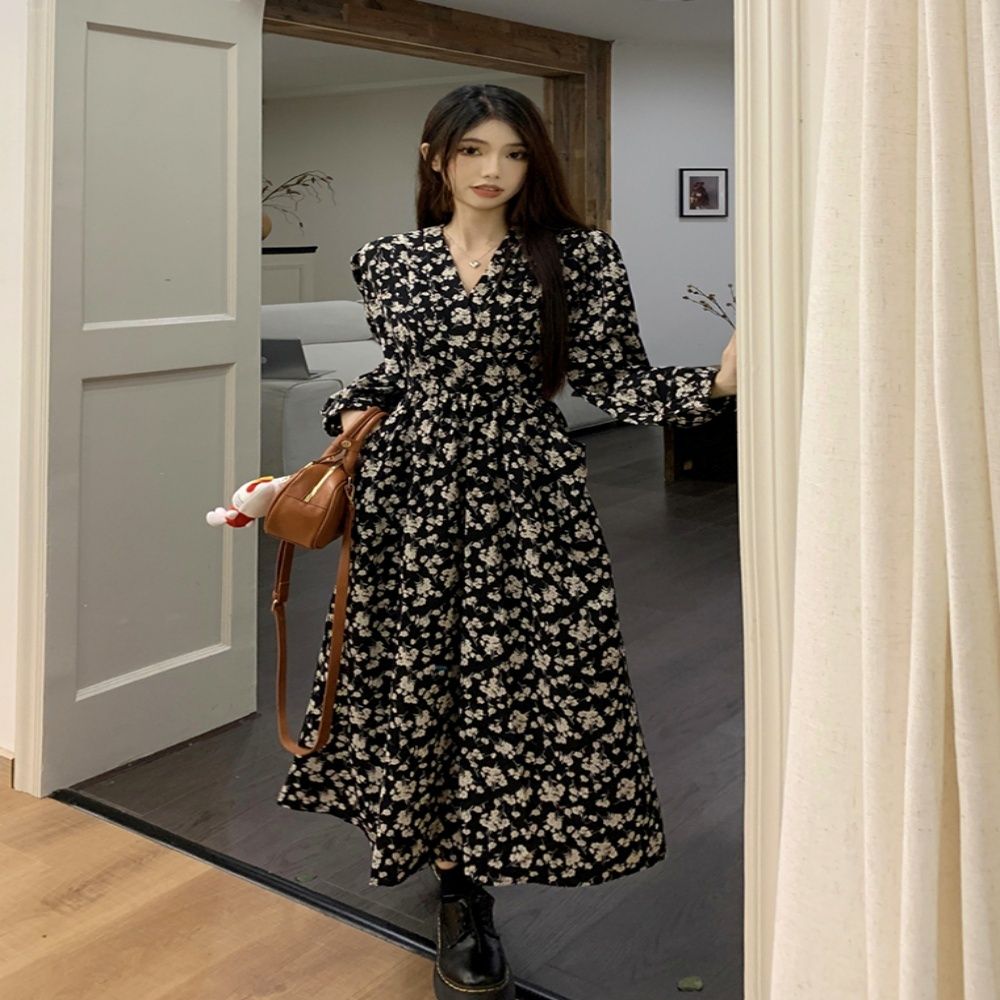 플라워 v넥 쉬폰 미디 기장 랩 원피스 꽃무늬