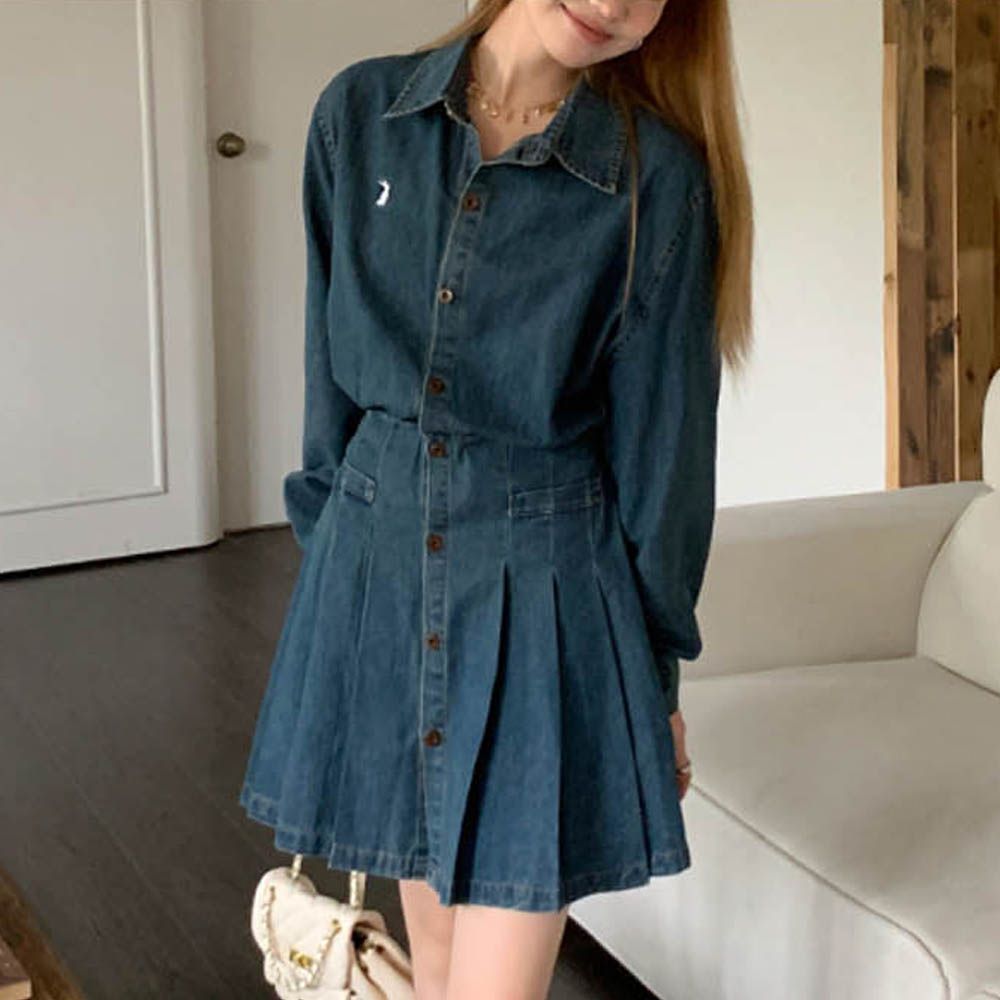 데님 긴팔 미니셔츠원피스 청스커트 진청 연청 카라넥