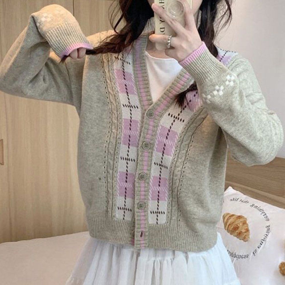 여성 봄 가을 체크 브이넥 단추 가디건 오트밀