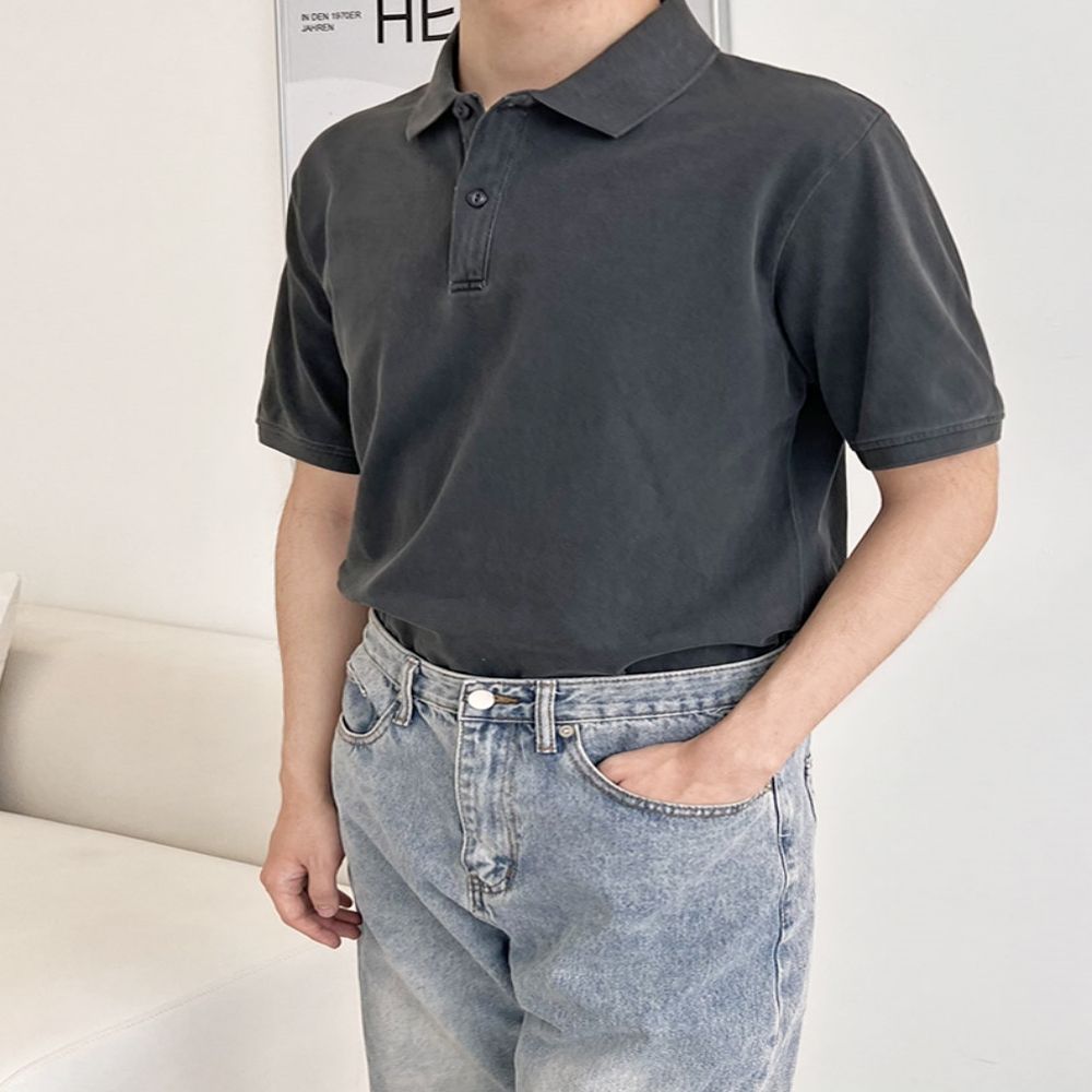 남성 2컬러 캐주얼룩 댄디 코튼 카라넥 반팔티셔츠