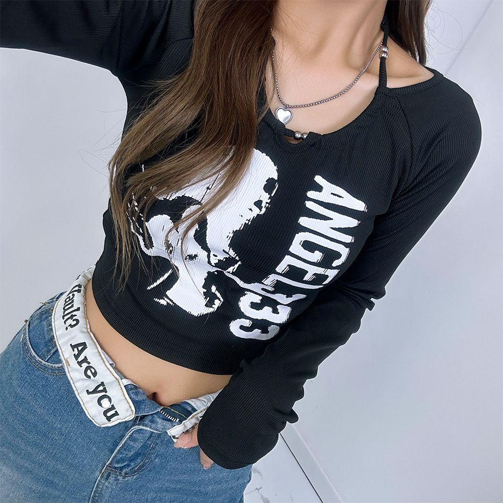 구슬 홀터넥 스트링 빈티지 프린팅 긴팔 크롭 티셔츠