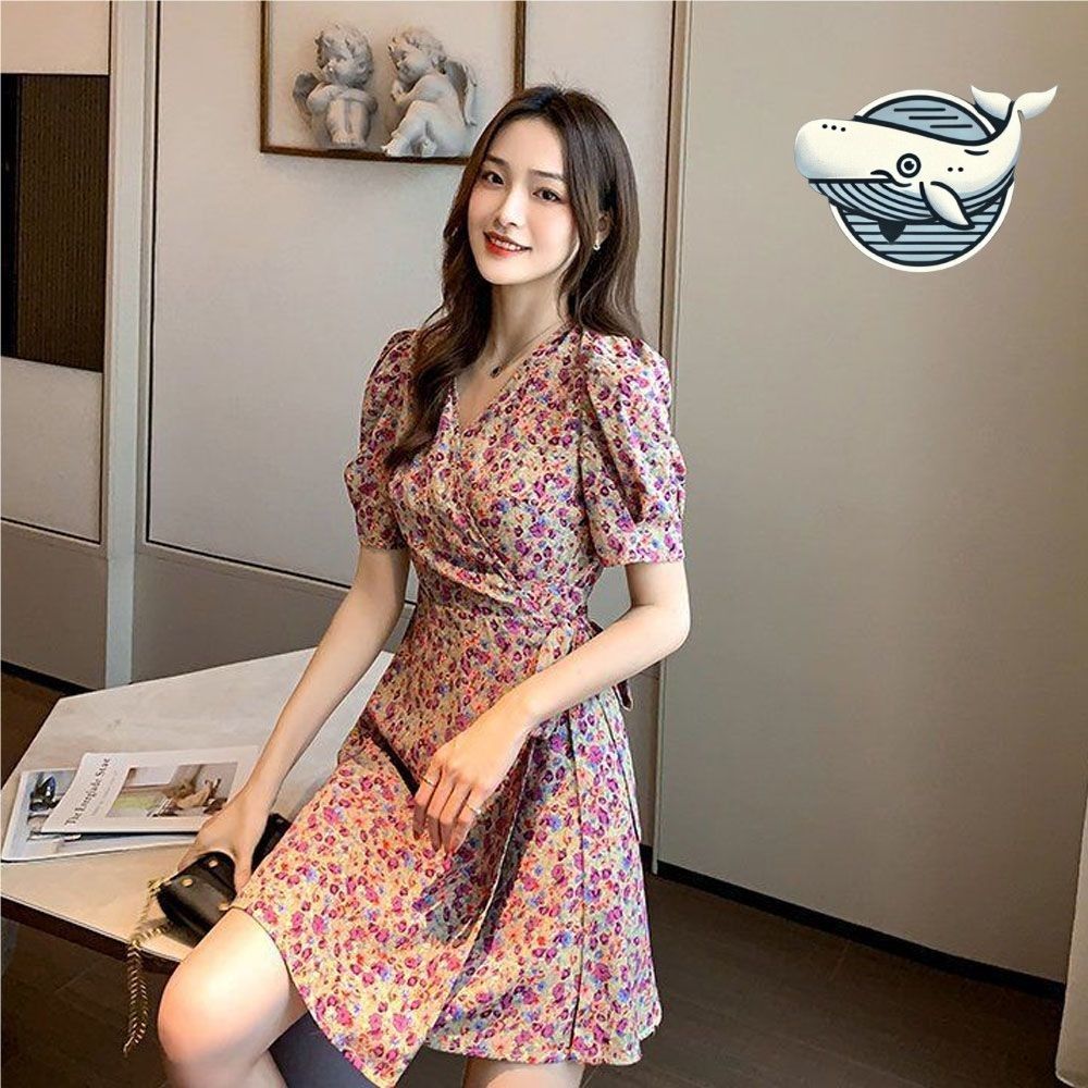 봄철 여성 꽃무늬 쉬폰 반팔 원피스 수채화