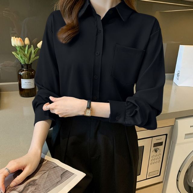 출근룩 오피스룩 여성 데일리 베이직 포켓 블라우스