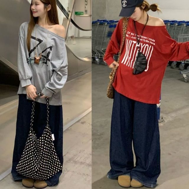 데이트룩 학생룩 루즈핏 오프숄더 레터링 티셔츠