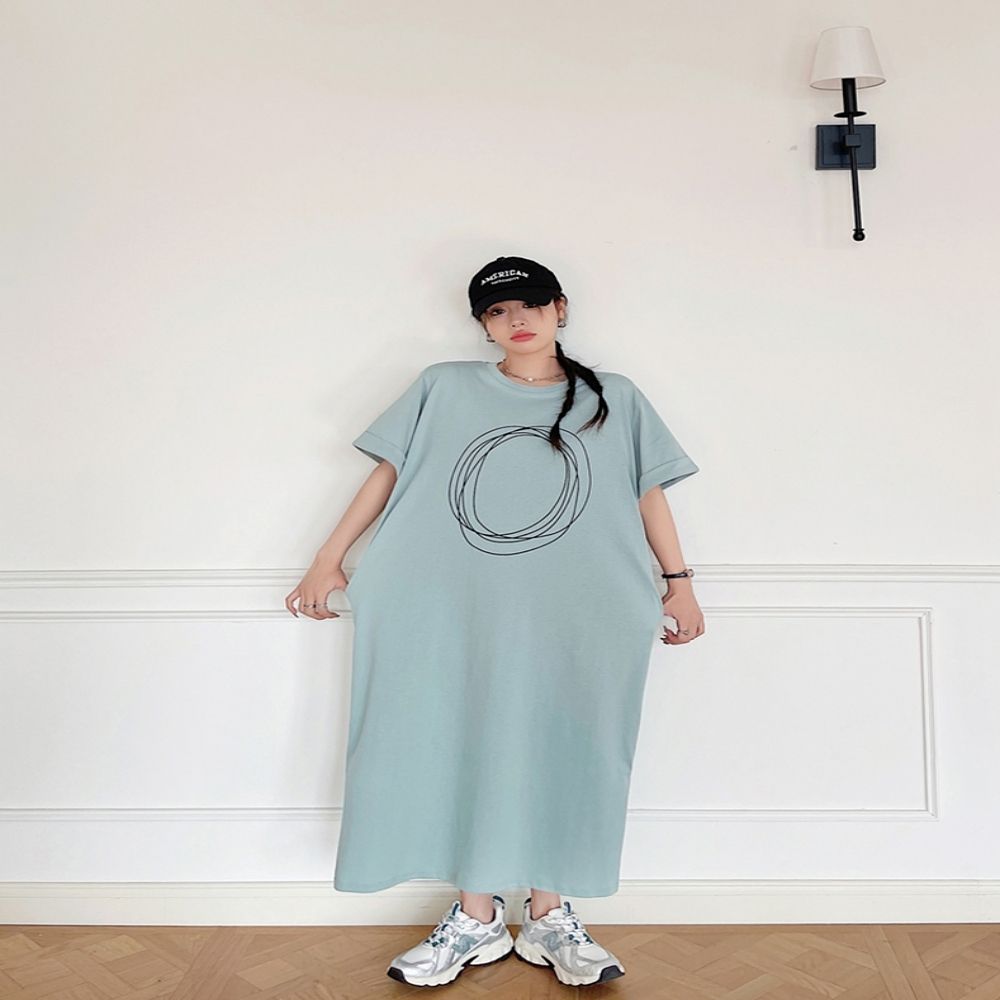 루즈핏 반팔 롤업 면 원피스