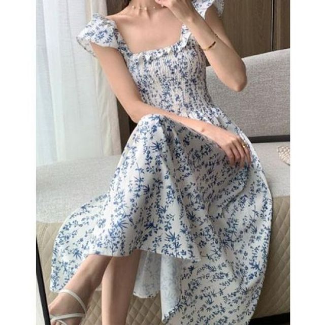 블루 플라워 로맨틱 셔링 원피스 여름 치마 슬림 원피