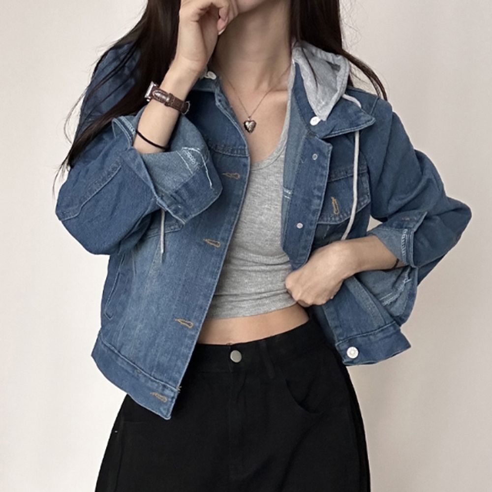 여성 탈부착 후드 청자켓 1P 캐주얼 간절기 데님 외투