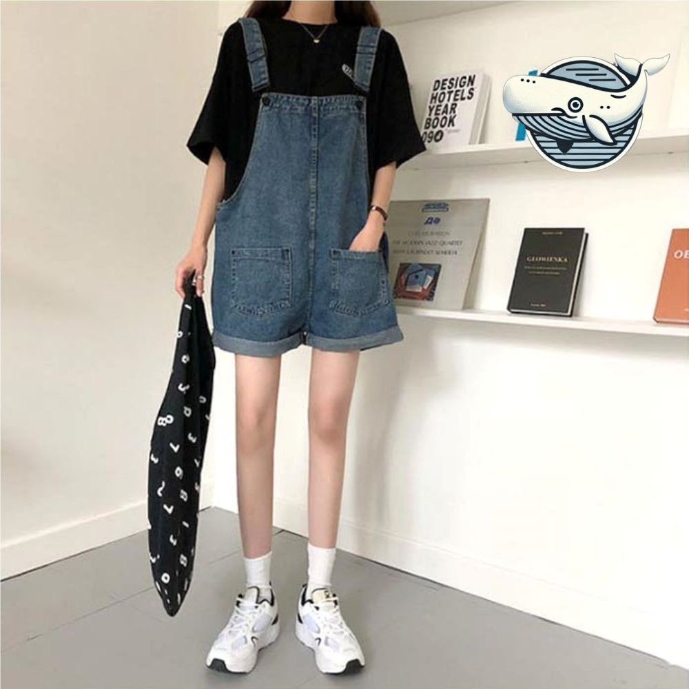 귀여운 롤업 데님 멜빵 반바지 여름 데일리