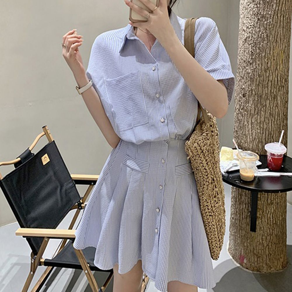 미니셔츠원피스 카라넥 포켓 스트라이프 플리츠원피스