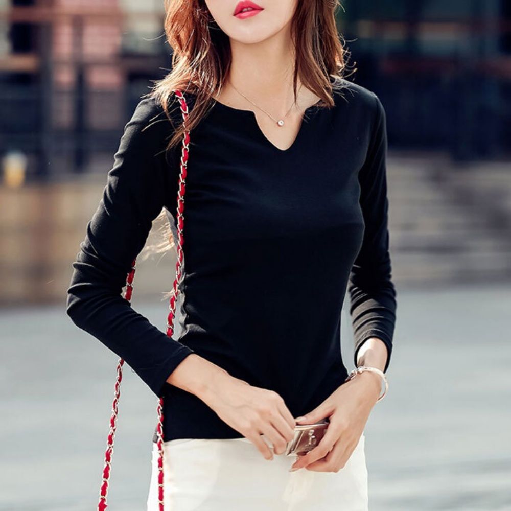 여성 봄 간절기 슬림핏 미니브이 긴팔 면 티셔츠