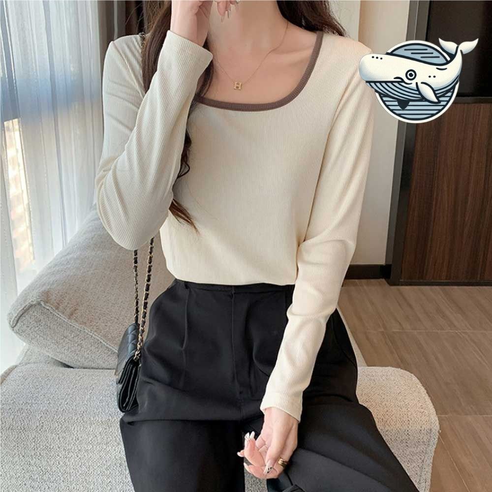 깔끔하고 세련된 U넥 긴팔 티셔츠 오피스