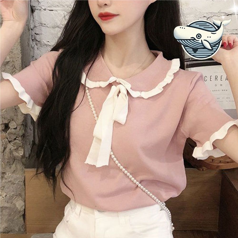 러블리 리본 배색 반팔 하늘색 블라우스 여친룩