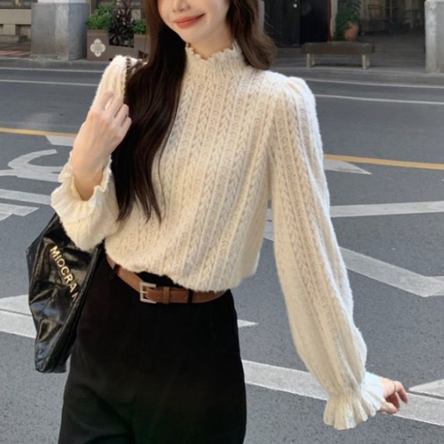 반하이넥 소매 밴딩 기모 레이스 시스루 블라우스