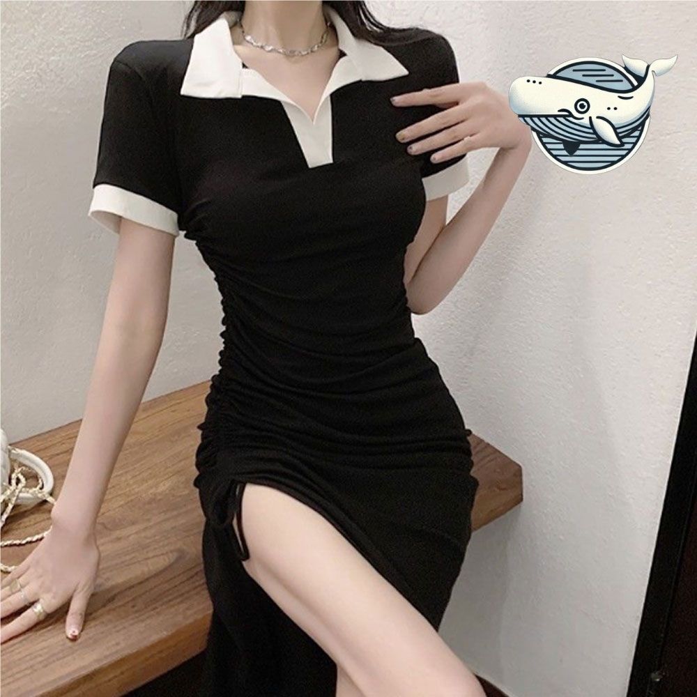 트렌디 슬림핏 배색 카라 원피스 옆트임 데일리