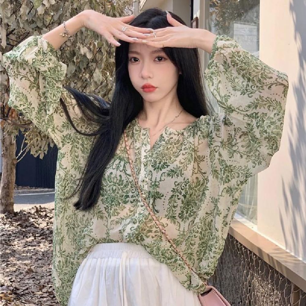 여성 루즈핏 플라워 블라우스 여름 긴팔 휴양지룩 상