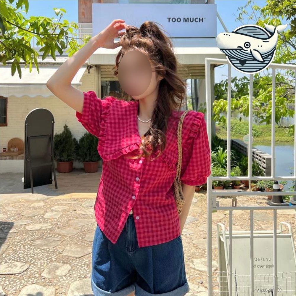 캐주얼 스타일 체크 블라우스 볼륨 소매 여름