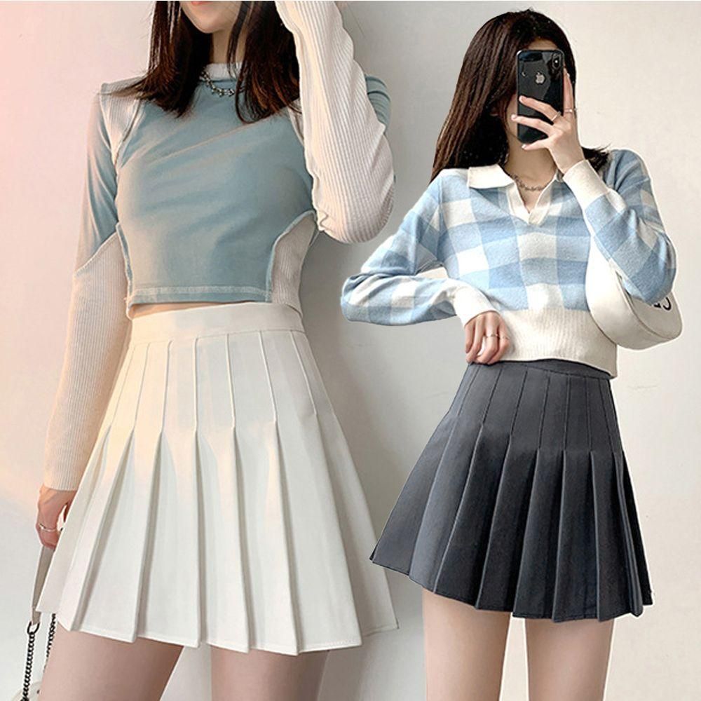 여름 스커트 주름 단색 디자인 플 여성 무지 밴딩