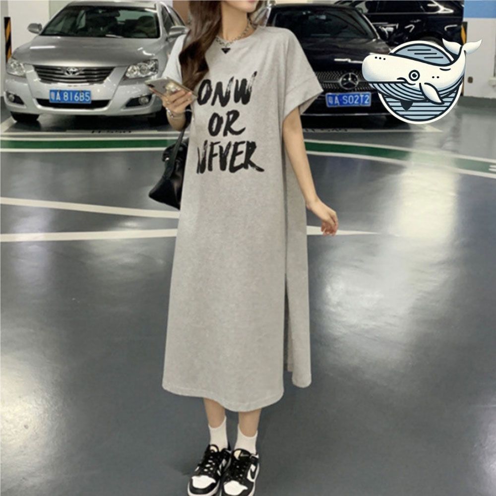 편안한 그래픽 프린팅 반팔 롱원피스 캐주얼