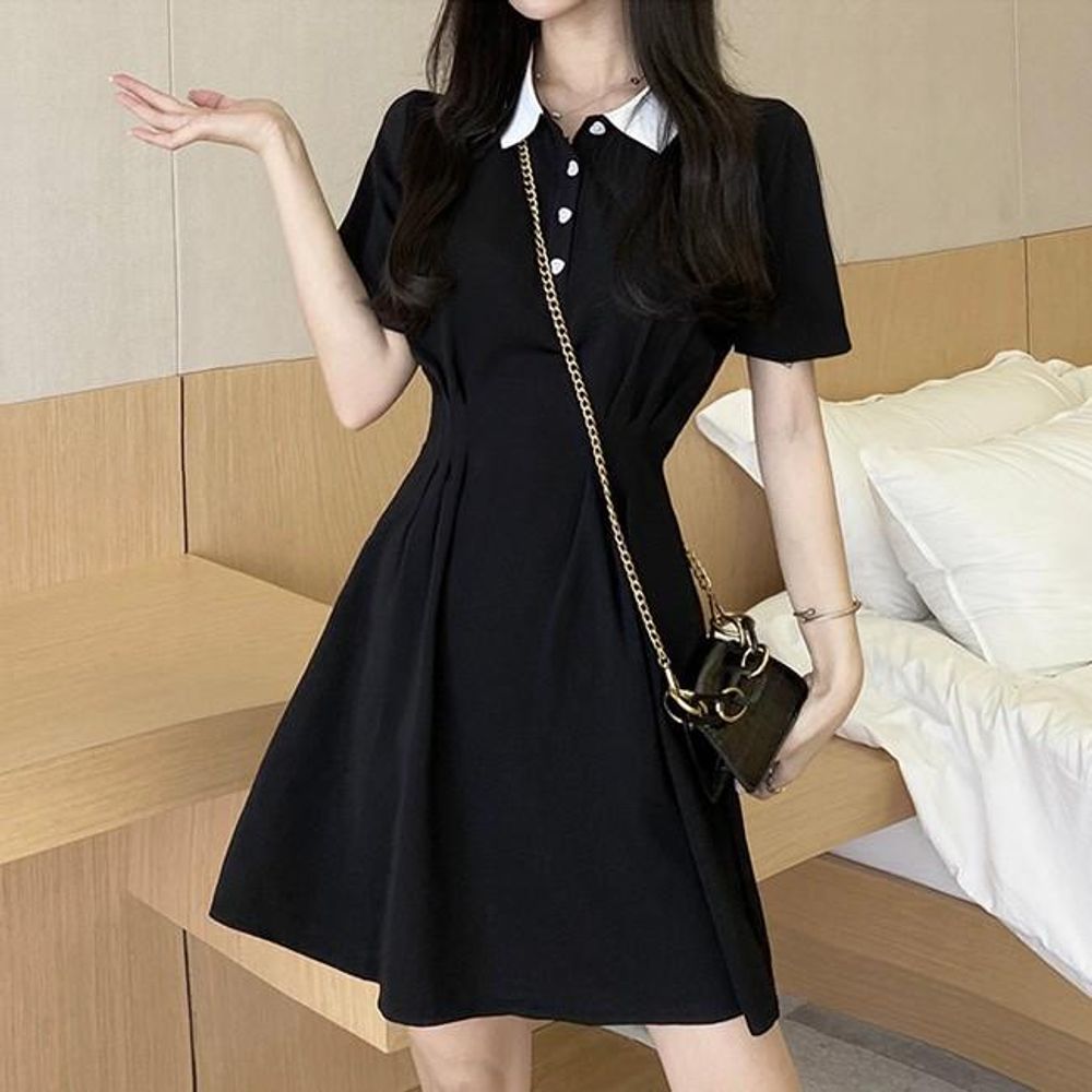 단추 원피스 카라 하객 휴양지 배색 미니 반팔 바캉스