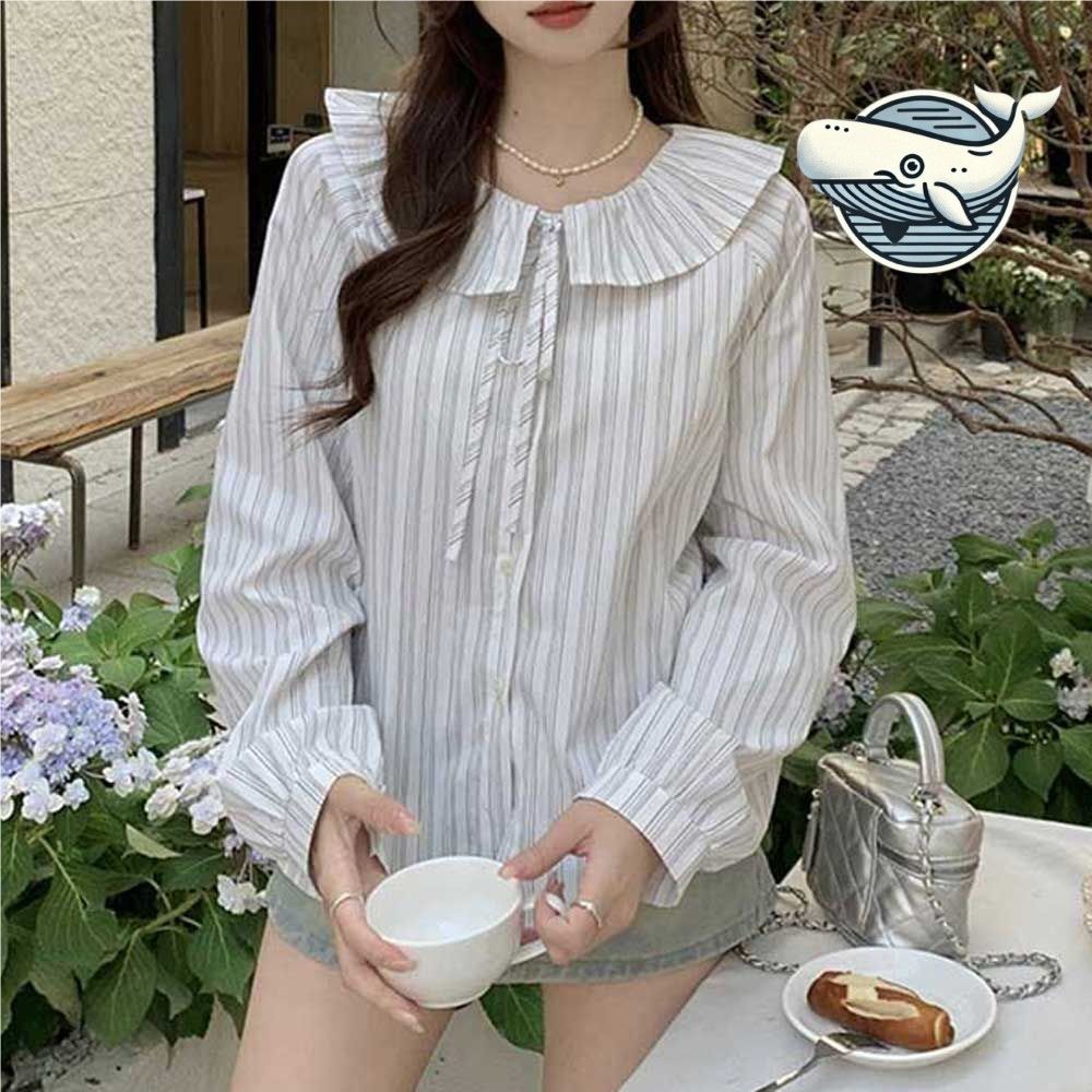 세련된 스트라이프 퍼프소매 여성 블라우스