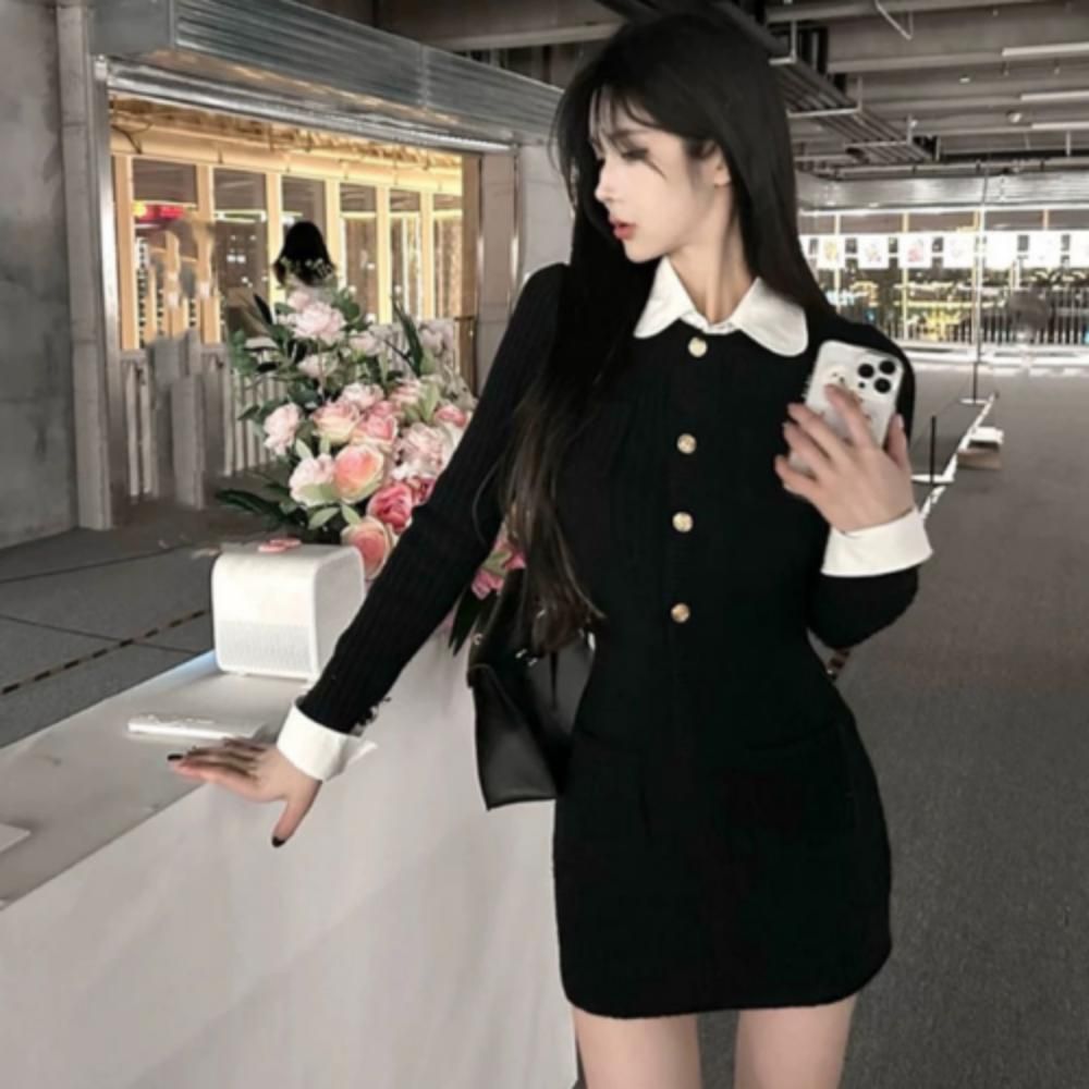 데일리 데이트룩 금장버튼 블랙 미니 원피스 여성