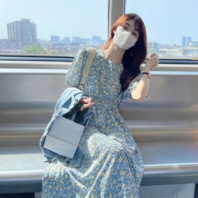 여성 플라워 블루 기본 반팔 데이 원피스